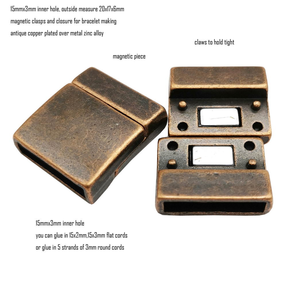 shapesbyX-15mm Flat Magnetic Clasps and Closure for Bracelet Making Antique Copper 15x3mm Hole