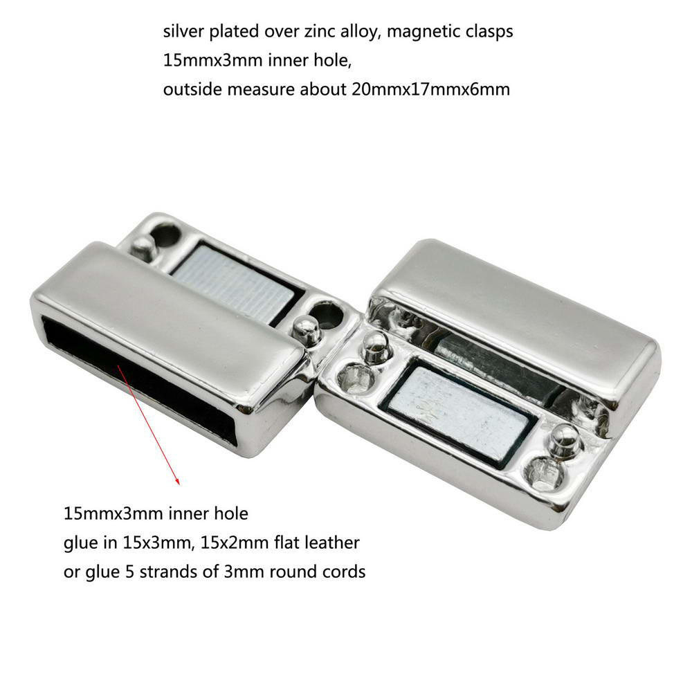 shapesbyX-15mm Flat Magnetic Clasps and Closure for Bracelet Making 15x3mm Hole Silver