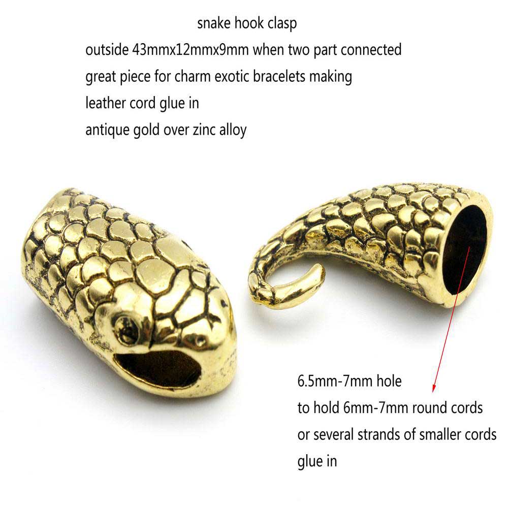 ShapesbyX-2 Stück Schlangenkopf-Charm-Hakenverschlüsse, antikes Kupfer, 7 mm Loch, Leder, zum Einkleben von Charm-Armbändern