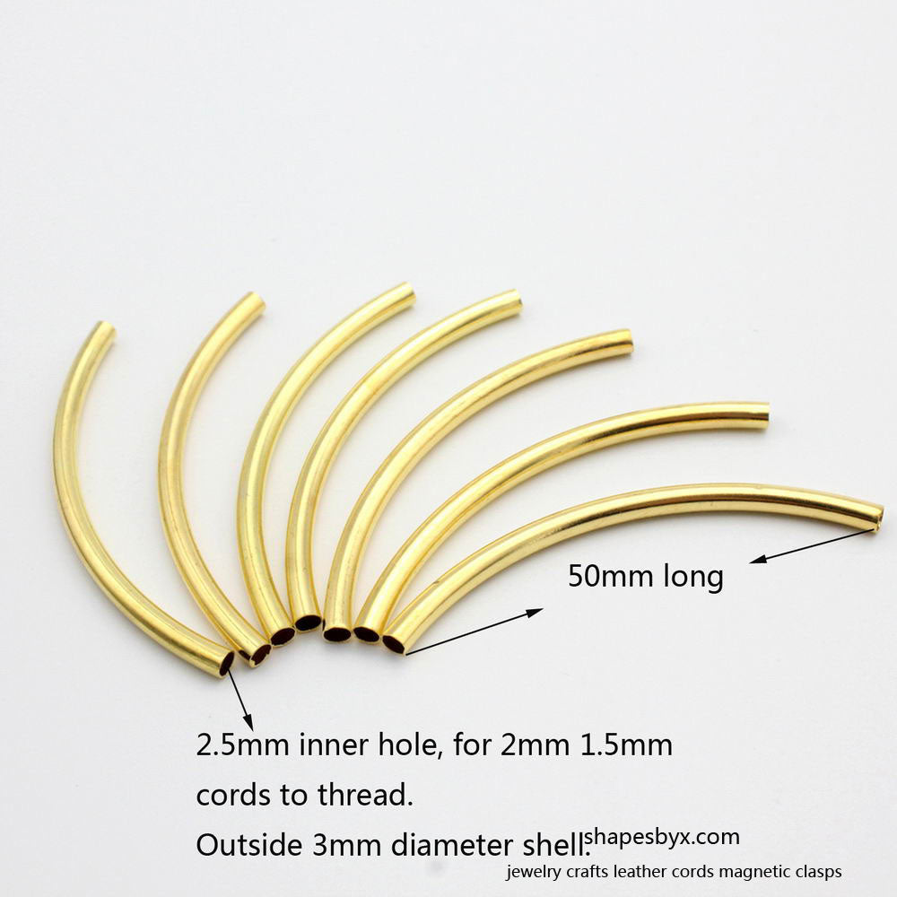 shapesbyX-20 Pieces 50mmx3mm Gold Curved Tube Pipes Plated Over Brass 2.5mm Inner Hole to hold 2.0mm Cord