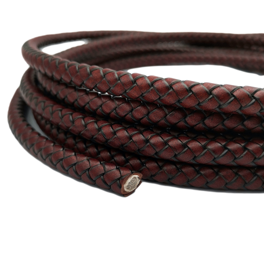 shapesbyX-8mm Braided Leather Bolo Cord 8mm Round Leather Strap Distressed Red