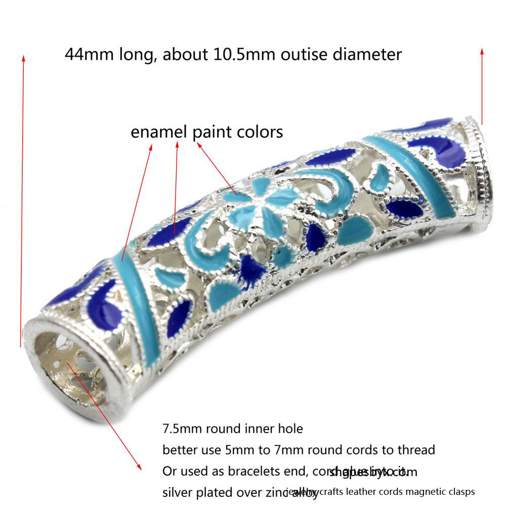 shapesbyX-2 Pieces 7.5mm Hole Silver Sliders with Blue and Light Blue Pattern, Bracelet Tube Slider