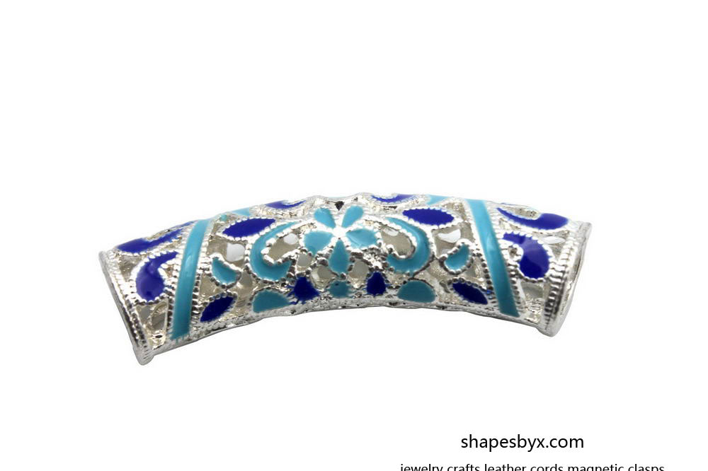 shapesbyX-2 Pieces 7.5mm Hole Silver Sliders with Blue and Light Blue Pattern, Bracelet Tube Slider