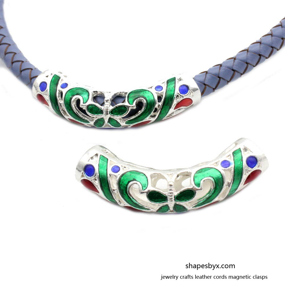shapesbyX-2pcs 7mm Hole Silver Sliders with Blue and Red Pattern, Bracelet Necklace Pendant Tube Butterfly Slider Beading
