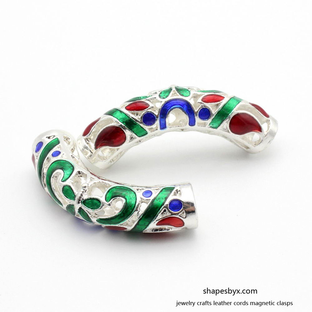 shapesbyX-2pcs 7mm Hole Silver Sliders with Blue and Red Pattern, Bracelet Necklace Pendant Tube Butterfly Slider Beading