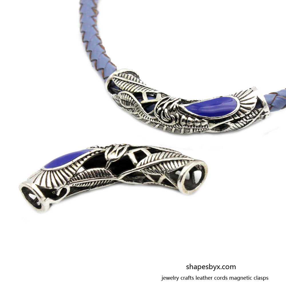 shapesbyX-2 Pieces 6.5mm Hole Antique Silver Bracelet Beading Tube with Royal Blue Enamel Paint, Necklace Pendant
