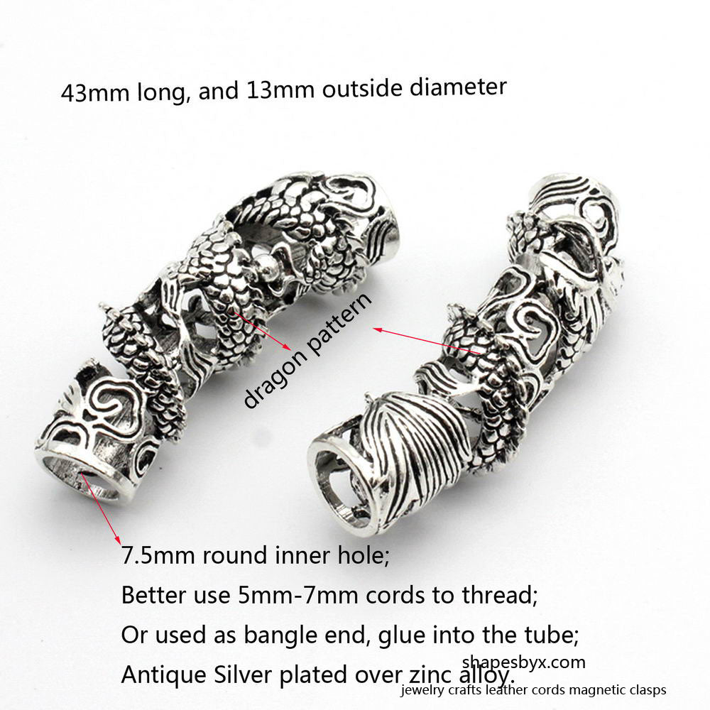 shapesbyX-2 Pieces Dragon Charm Tube for Bracelet Beading Necklace Pendant, 7.5mm Inner Hole Antique Silver Dragon Slider