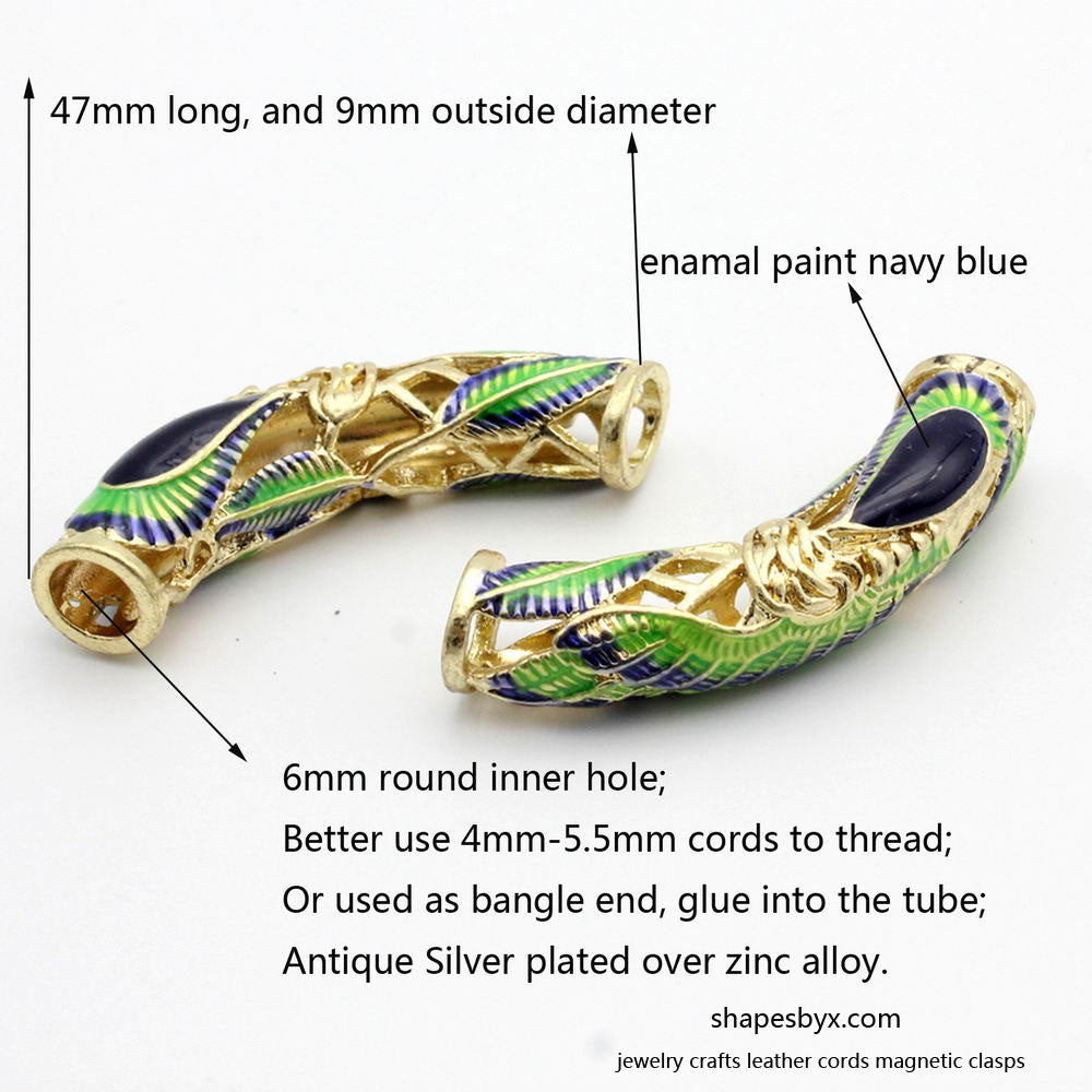 shapesbyX-2 Pieces 6mm Hole Green Peacock Painting on Gold Base Tubes Bracelet Slider Necklace Pendant