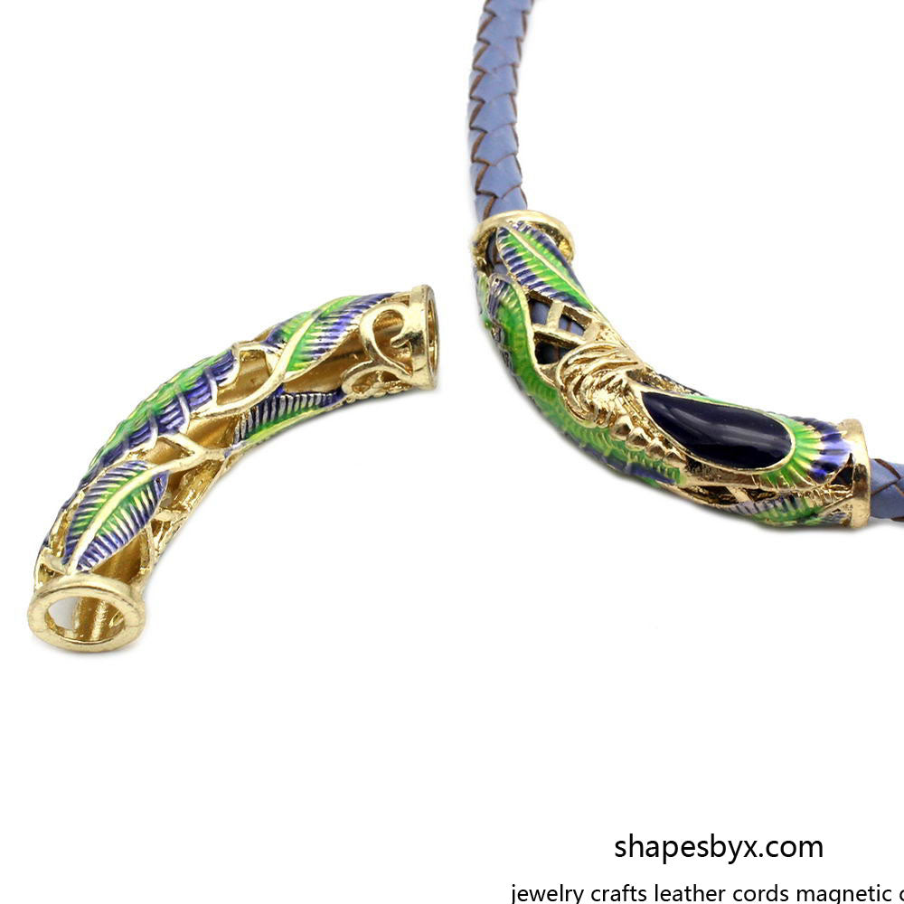 shapesbyX-2 Pieces 6mm Hole Green Peacock Painting on Gold Base Tubes Bracelet Slider Necklace Pendant