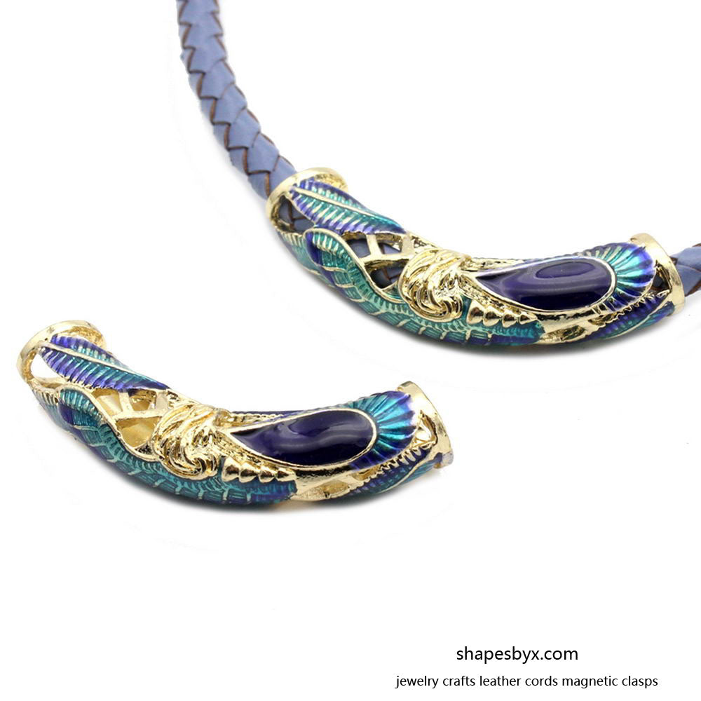 shapesbyX-2 Pieces 6mm Hole Peacock Enamel Painting on Gold Base Tubes, Bracelet Slider, Necklace Pendant