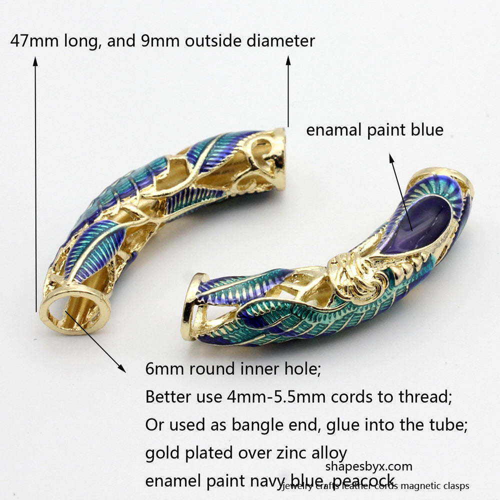 shapesbyX-2 Pieces 6mm Hole Peacock Enamel Painting on Gold Base Tubes, Bracelet Slider, Necklace Pendant