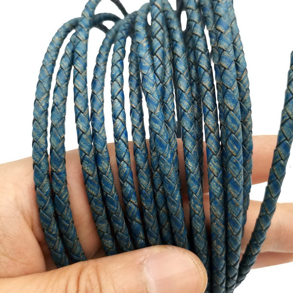 ShapesbyX-Cordons Bolo ronds en cuir tressé bleu vieilli de 4,0 mm pour la fabrication de bijoux, cravates Bolo