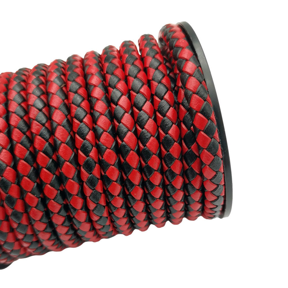 shapesbyX-5mm Round Braided Leather Cord Bracelet Making Woven Folded Leather Strap Black Red Mix
