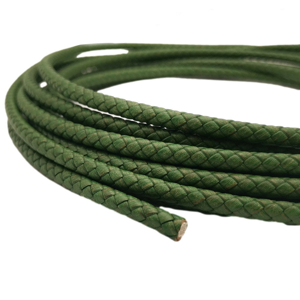 shapesbyX-5mm Round Braided Leather Cord Bracelet Making Woven Folded Leather Strap Distressed Green