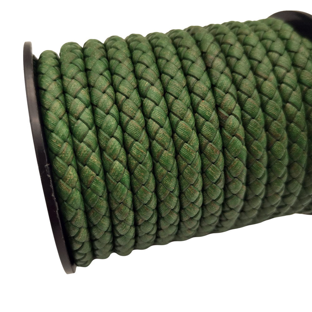 shapesbyX-5mm Round Braided Leather Cord Bracelet Making Woven Folded Leather Strap Distressed Green