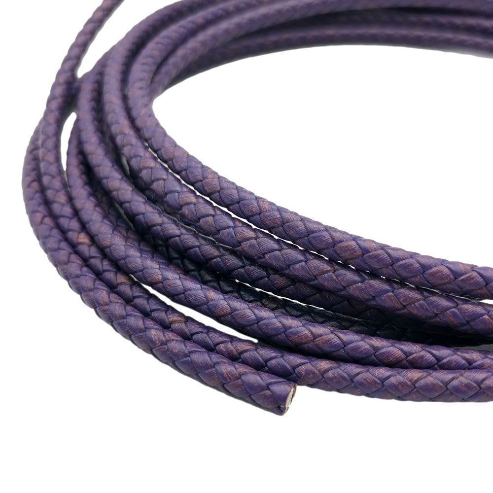 shapesbyX-5mm Round Braided Leather Cord Bracelet Making Woven Folded Leather Strap Distressed Purple
