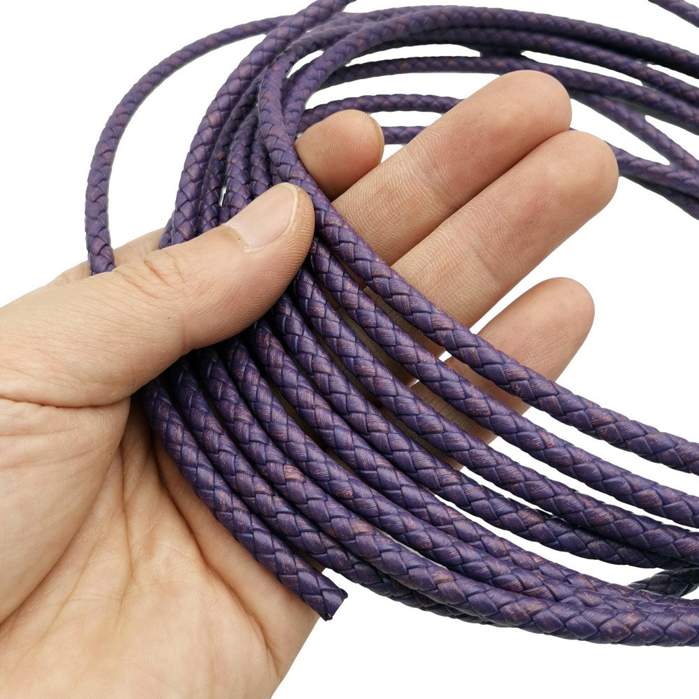 shapesbyX-5mm Round Braided Leather Cord Bracelet Making Woven Folded Leather Strap Distressed Purple