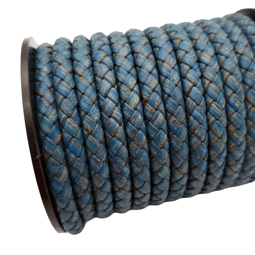 shapesbyX-5mm Round Braided Leather Cord Bracelet Making Woven Folded Leather Strap Distressed Blue