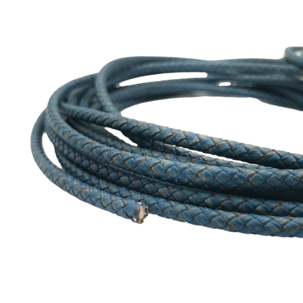 shapesbyX-5mm Round Braided Leather Cord Bracelet Making Woven Folded Leather Strap Distressed Blue
