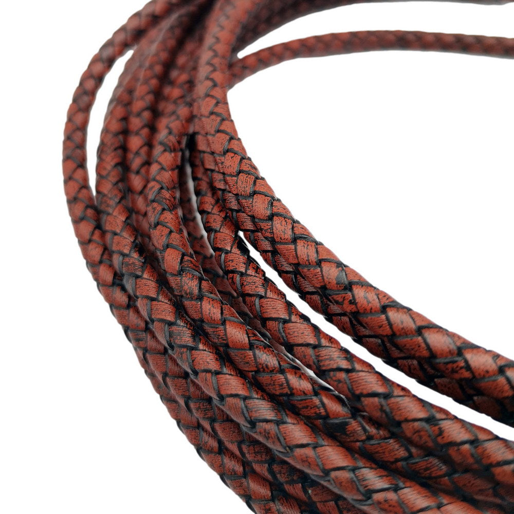 shapesbyX-5mm Round Braided Leather Cord Bracelet Making Woven Folded Leather Strap Antique Brown