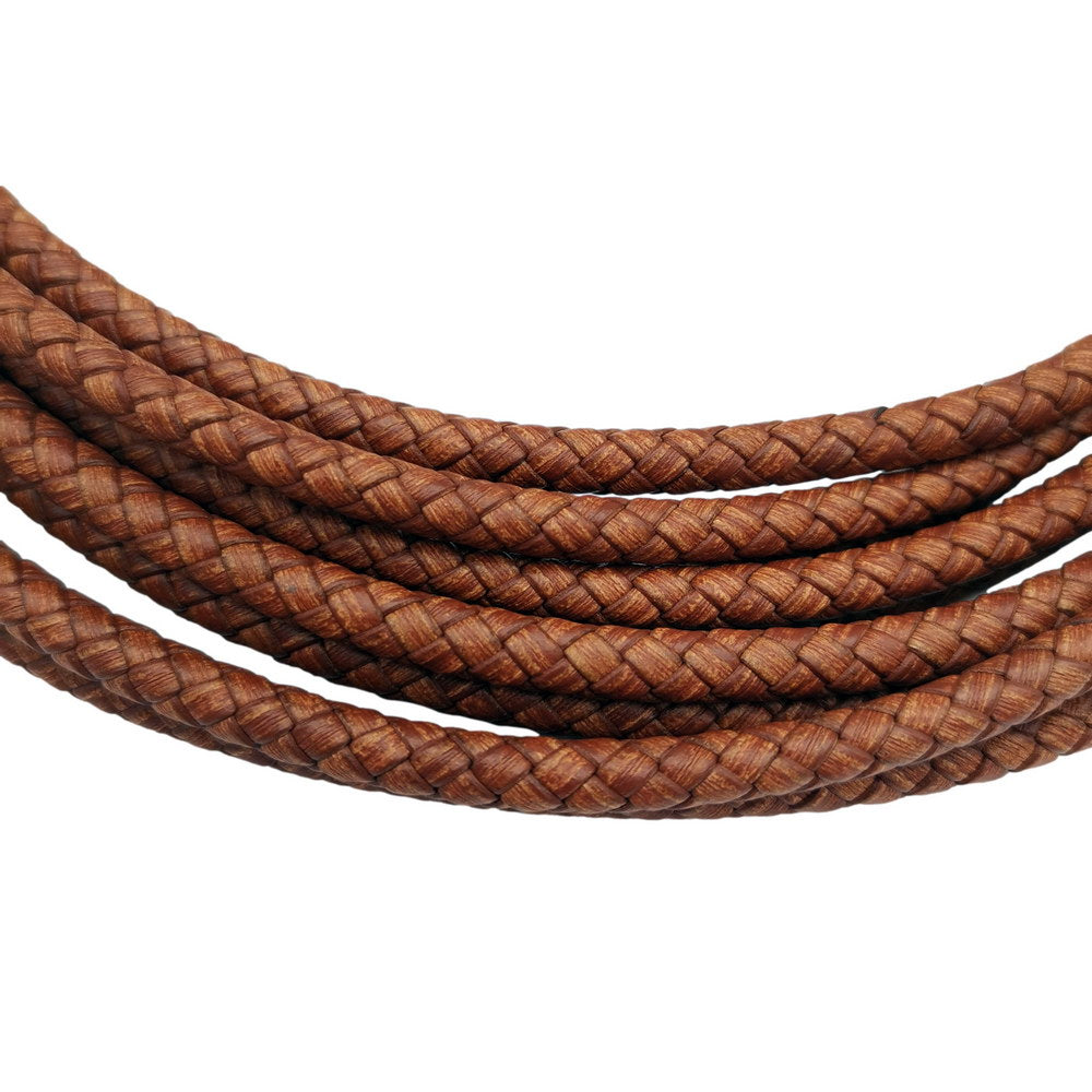shapesbyX-5mm Round Braided Leather Cord Bracelet Making Woven Folded Leather Strap Distressed Tan