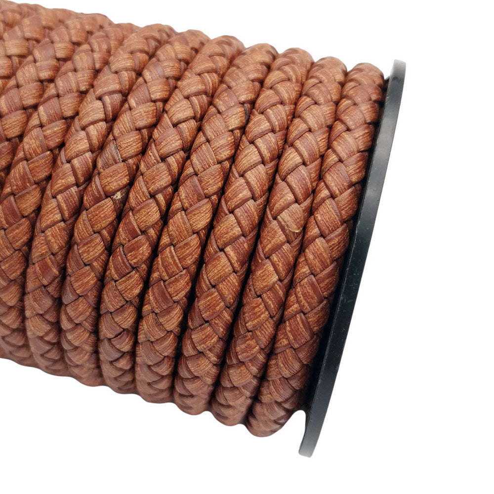 shapesbyX-5mm Round Braided Leather Cord Bracelet Making Woven Folded Leather Strap Distressed Tan