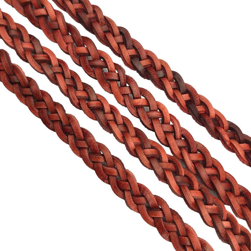 1 Yard 12mmx4mm Distressed Red Brown Braided Leather Strip for Jewelry Making, Ties or Dog leash