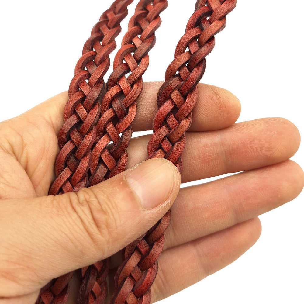 1 Yard 12mmx4mm Distressed Red Brown Braided Leather Strip for Jewelry Making, Ties or Dog leash