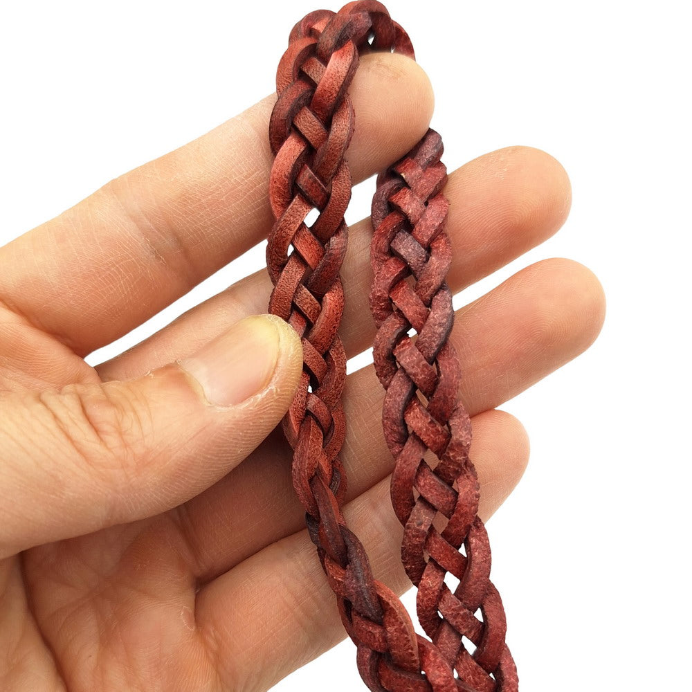 1 Yard 12mmx4mm Distressed Red Brown Braided Leather Strip for Jewelry Making, Ties or Dog leash