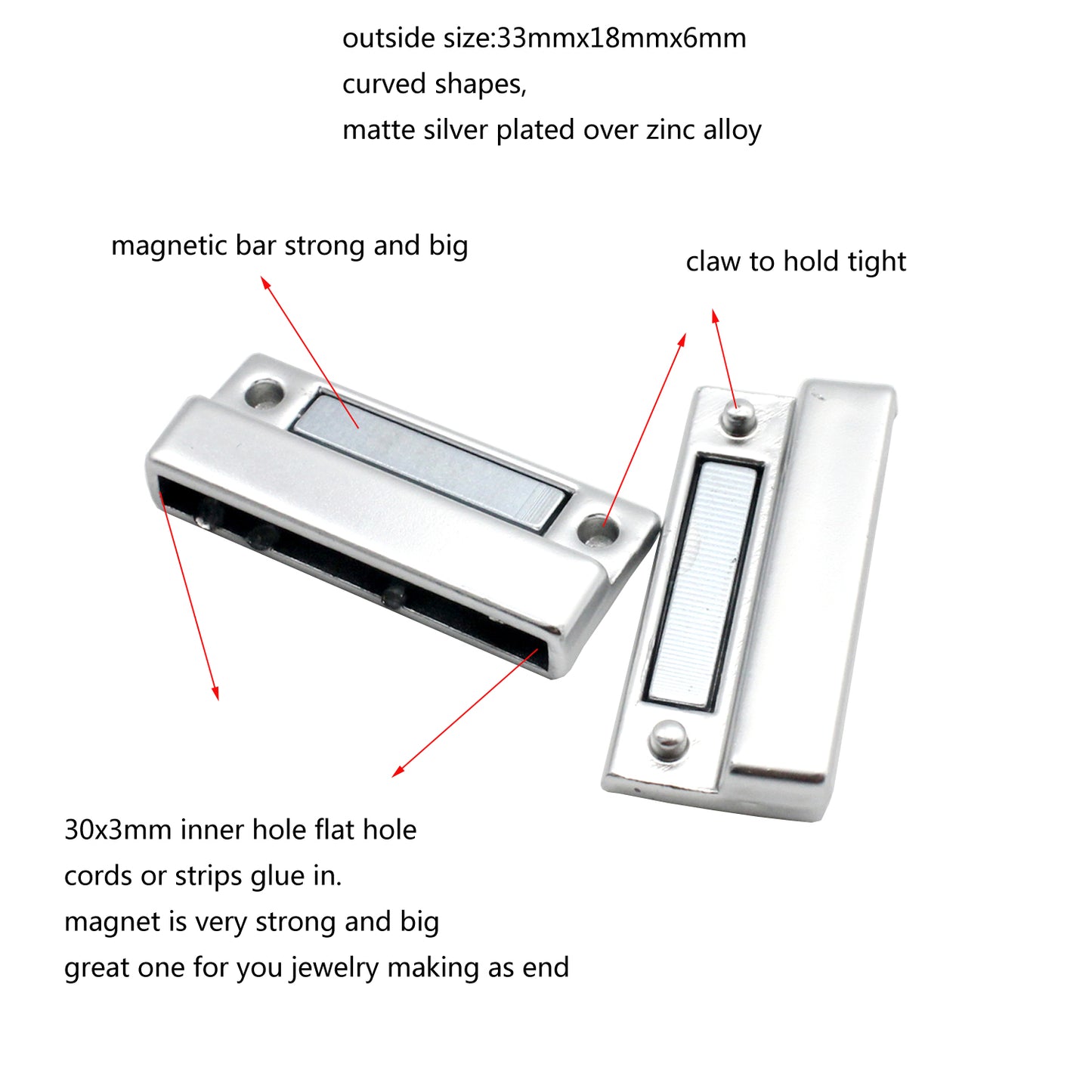 Fermoirs magnétiques et fermeture à trou de 30x3mm, argent/or mat, extrémité de fabrication de bijoux à aimant puissant