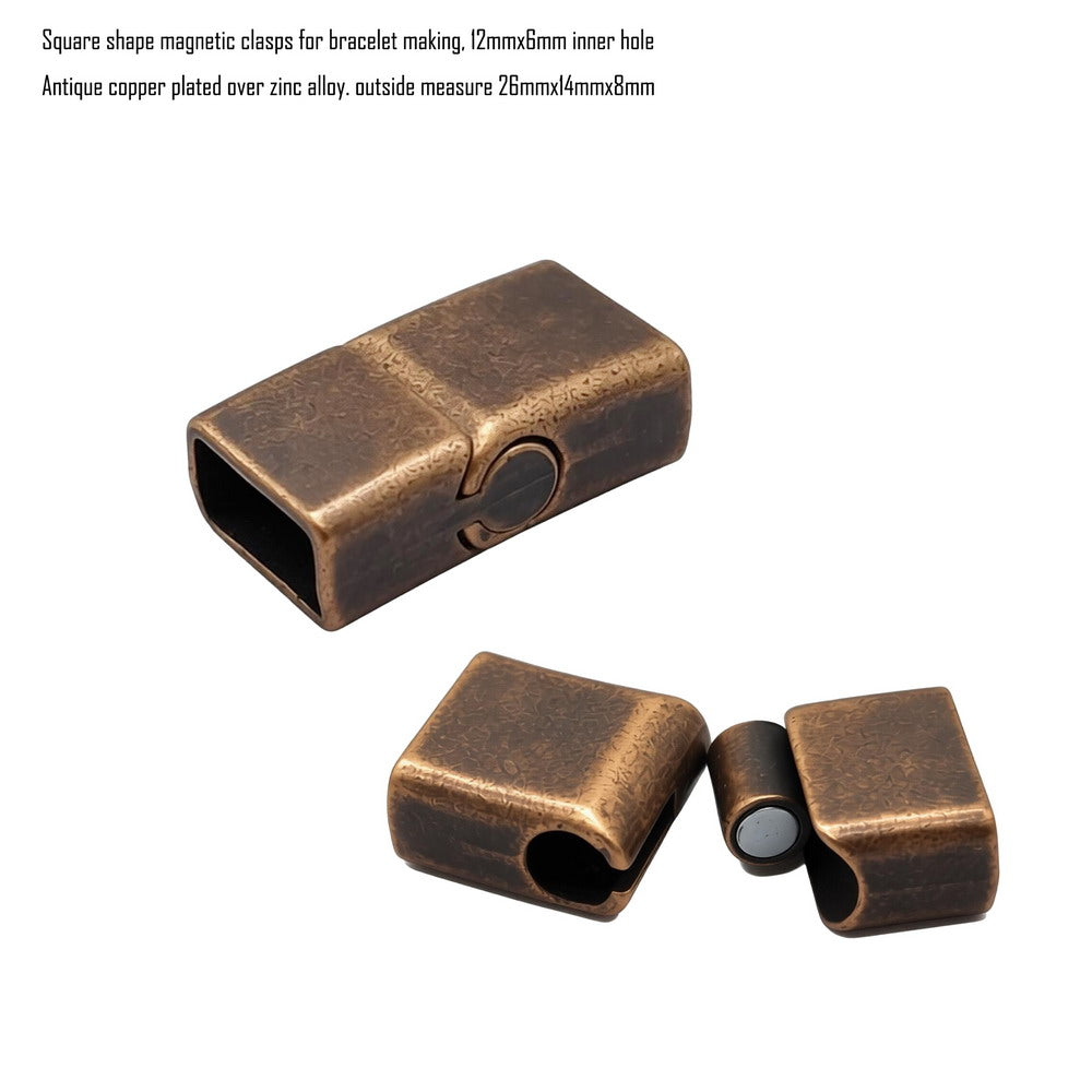 Bronze/Copper Square Shape Licorice Leather Cord Ends, Magnetic Clasp (12mmx6mm Inner)