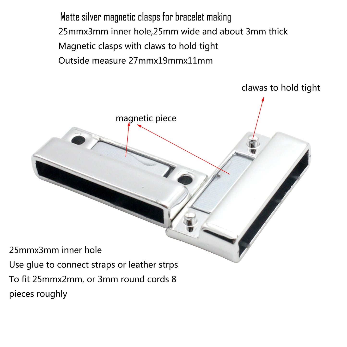 shapesbyX-3 Pieces Flat Magnetic Clasps and Clips 25mmx3mm Inner Hole,Strong Magnet Bracelet End Leather Strap Glue In