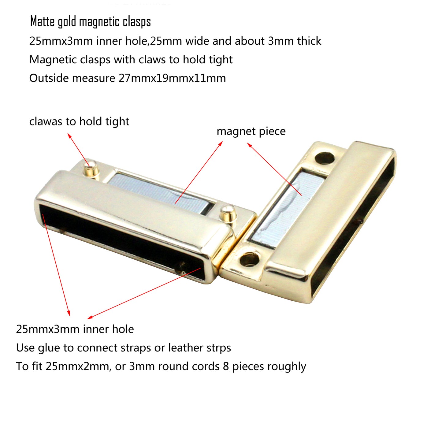 shapesbyX-3 Pieces Flat Magnetic Clasps and Clips 25mmx3mm Inner Hole,Strong Magnet Bracelet End Leather Strap Glue In