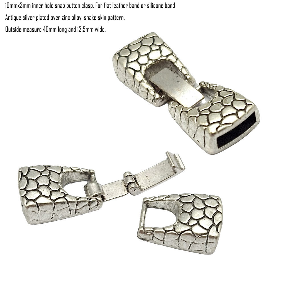 Snake Skin Patter Antique Silver Snap Button Clasps for Bracelet Making 10mmx3mm Inner Hole to Hold 10x2mm Leather Band