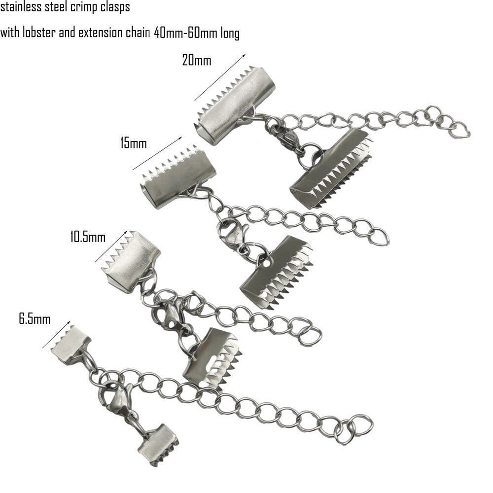 5 Sets Stainless Steel Crimp Clip Clasp Claw Teeth Webbing Ribbon End with Lobster and Extension Chain 10mm 20mm 25mm
