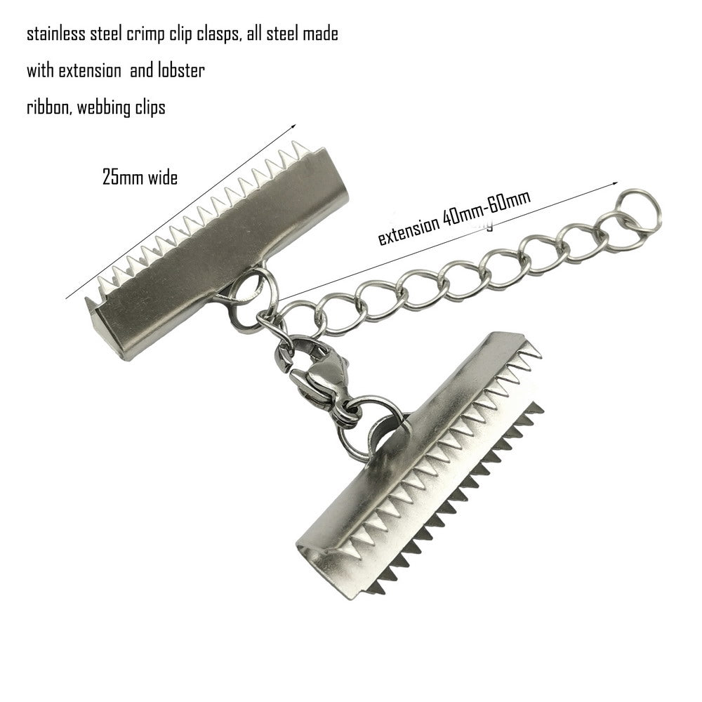 5 Sets Edelstahl-Crimp-Clip-Verschluss, Krallenzähne, Gurtband, Bandende mit Karabiner und Verlängerungskette, 10 mm, 20 mm, 25 mm