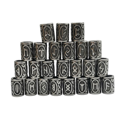 24pcs Stianless Steel Viking Rune Beads for Jewelry Making 6mm Inner Antique Silver Hair Beading for 6.0mm Cord