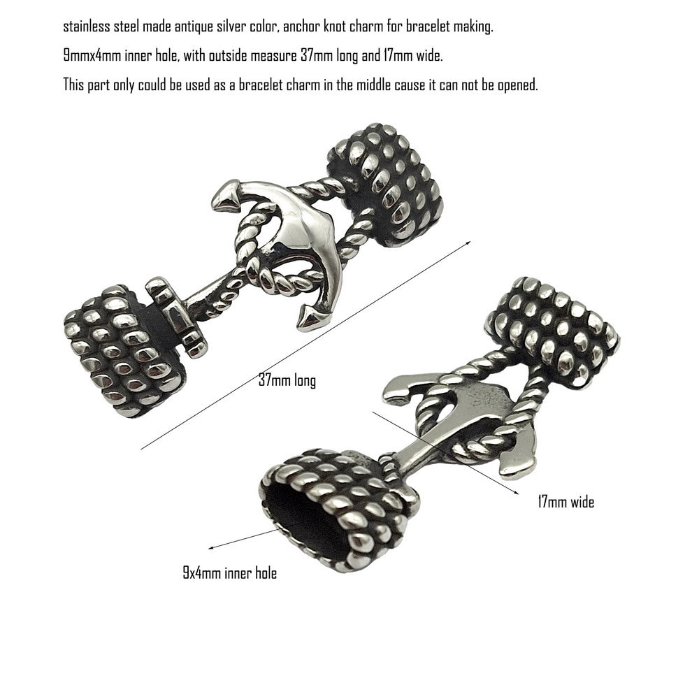 Ankerknoten-Anhänger aus Edelstahl für die Armbandherstellung, 9 mm x 4 mm Innenloch, Antiksilber