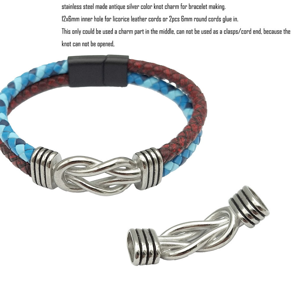 Edelstahl-Knoten-Anhänger für die Armbandherstellung, 12 mm x 6 mm Innenloch zum Einkleben von Lakritz-Lederband