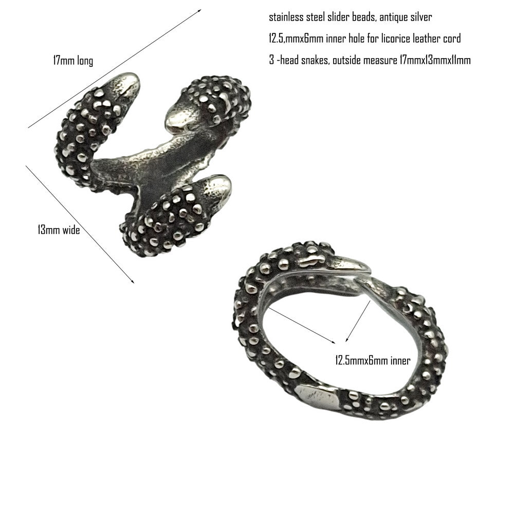 Perles coulissantes serpent en acier inoxydable, 2 pièces, pour la fabrication de bracelets, cordon en cuir de réglisse, trou intérieur 12.5mm x 6mm, argent Antique