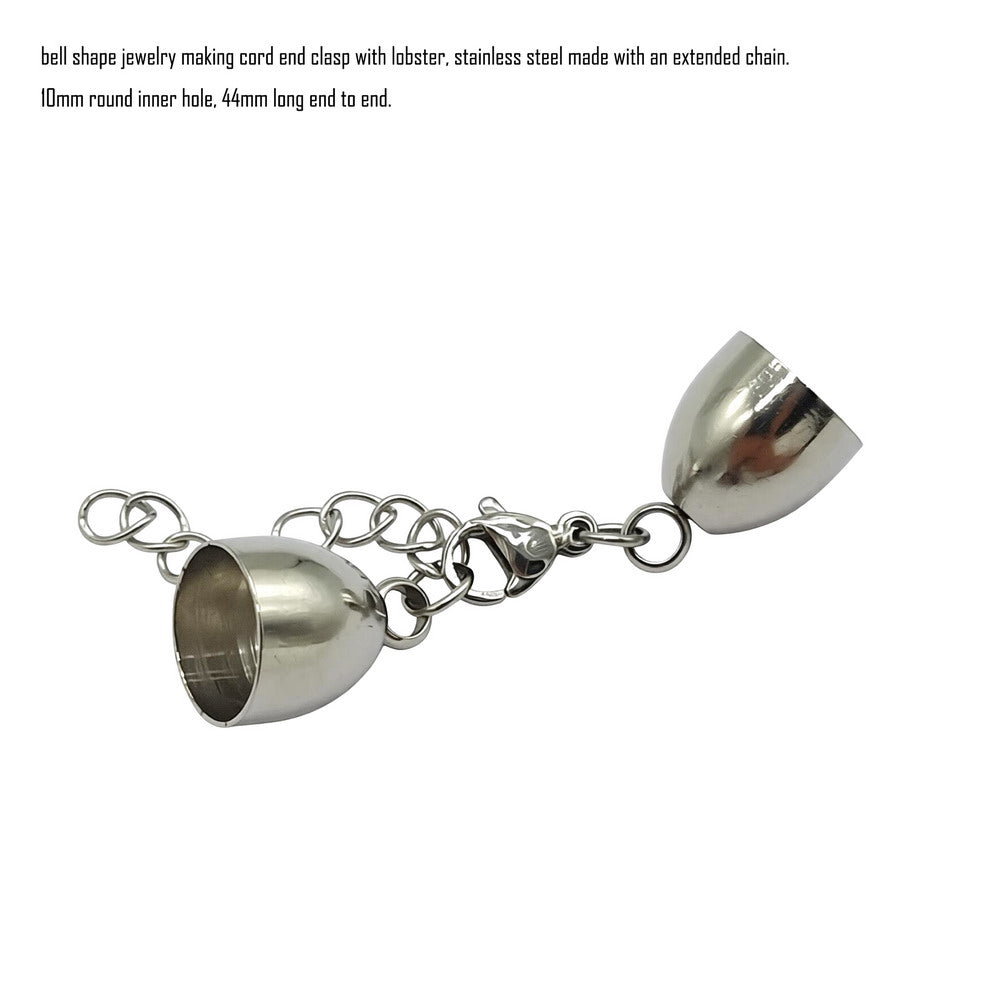 Stainless Steel Cord End Cap Clasp Bell Shape: Lobster & Extender Chain