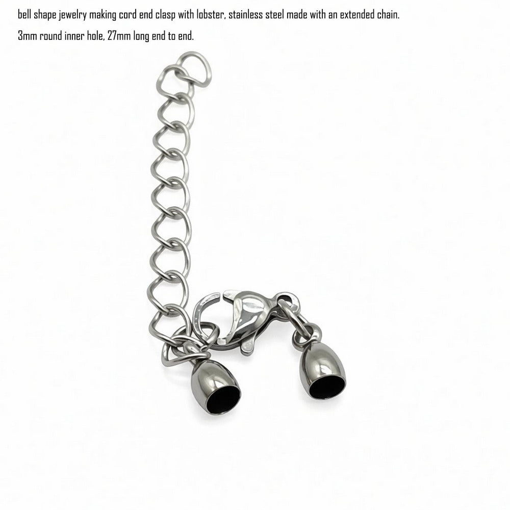 Stainless Steel Cord End Cap Clasp Bell Shape: Lobster & Extender Chain