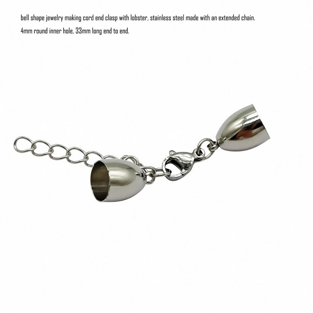 Stainless Steel Cord End Cap Clasp Bell Shape: Lobster & Extender Chain