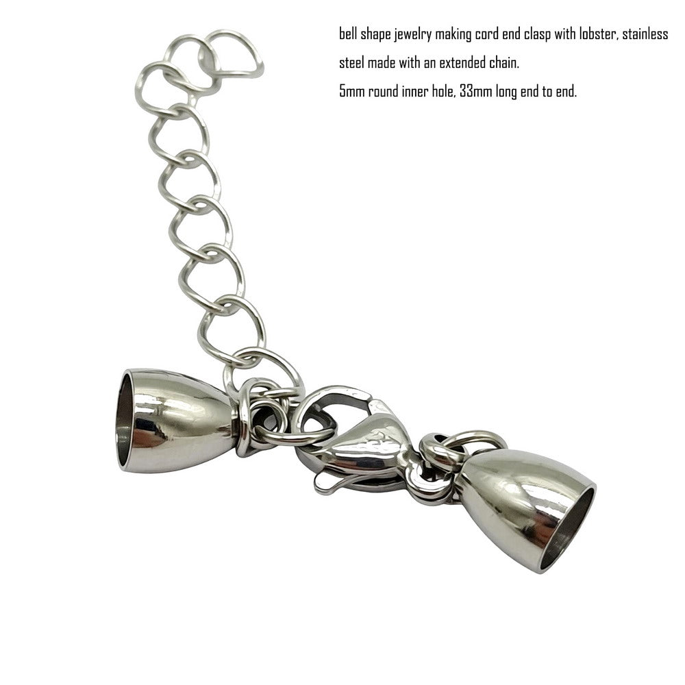Stainless Steel Cord End Cap Clasp Bell Shape: Lobster & Extender Chain