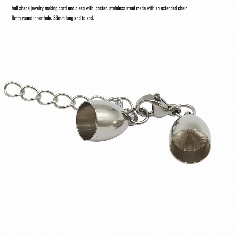 Stainless Steel Cord End Cap Clasp Bell Shape: Lobster & Extender Chain
