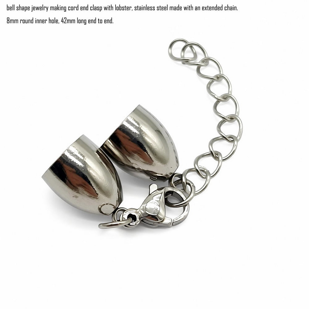 Stainless Steel Cord End Cap Clasp Bell Shape: Lobster & Extender Chain