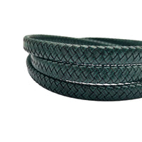 Braided leather bracelet - red and dark green strips of leather