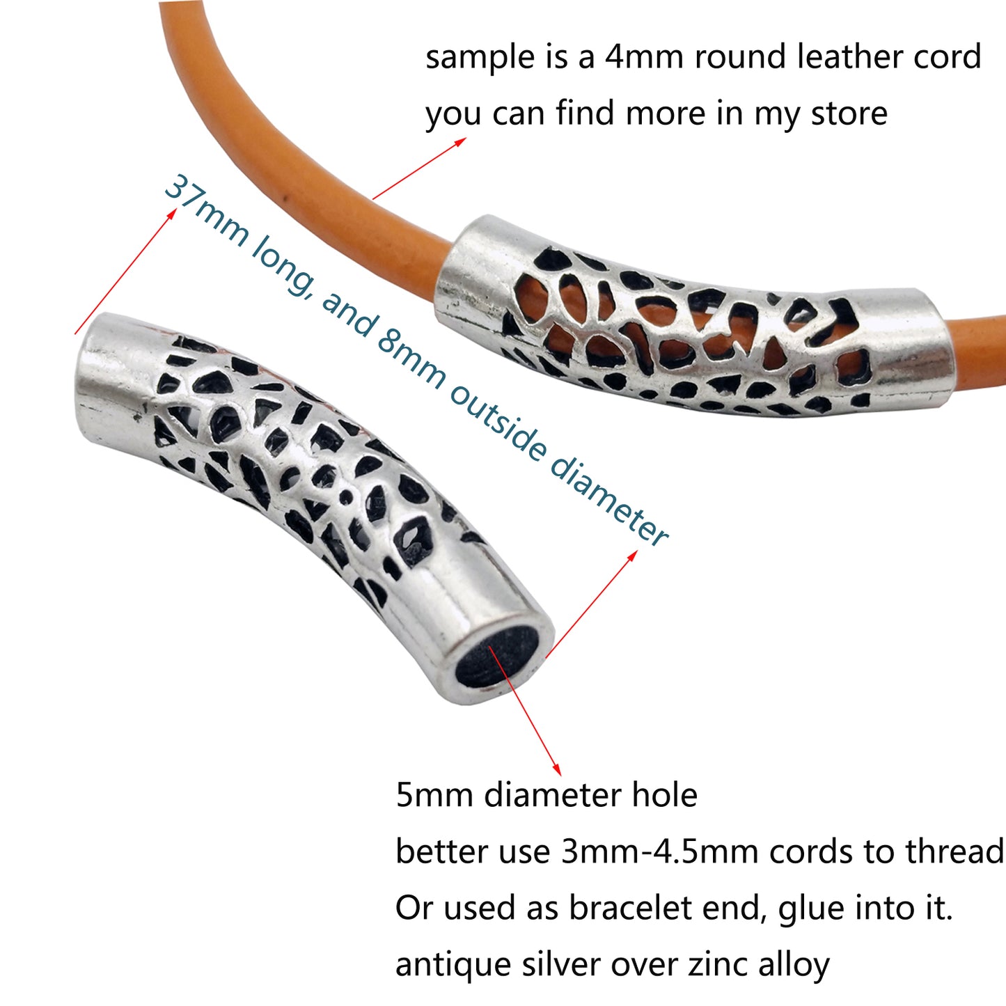 ShapesbyX-4 pièces de curseur de tube creux avec trou intérieur de 5 mm pour la fabrication de bijoux, bracelet, pendentif, perles coulissantes