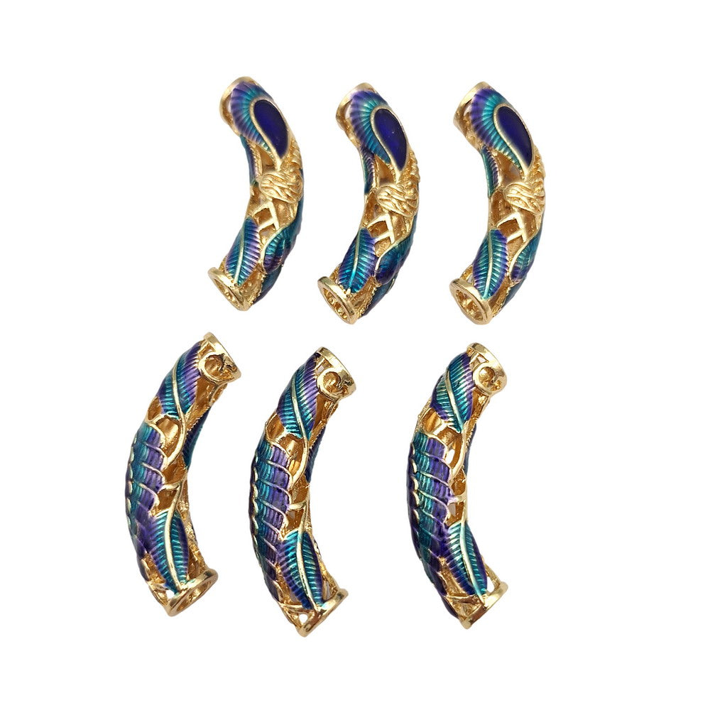 shapesbyX-2 Pieces 6mm Hole Peacock Enamel Painting on Gold Base Tubes, Bracelet Slider, Necklace Pendant