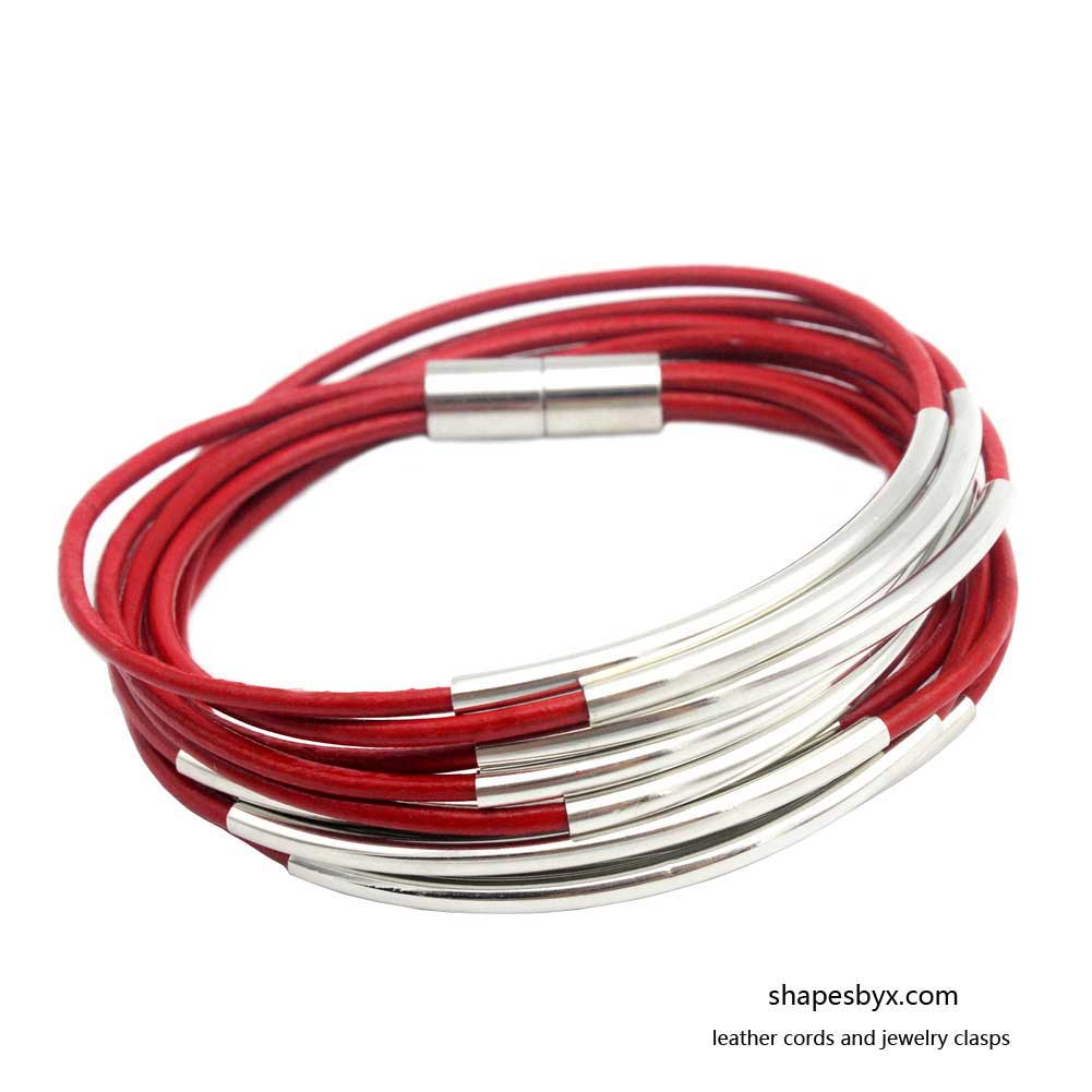 Leather Wrap Bracelet Magnetic End with Silver Tubes for Women Red